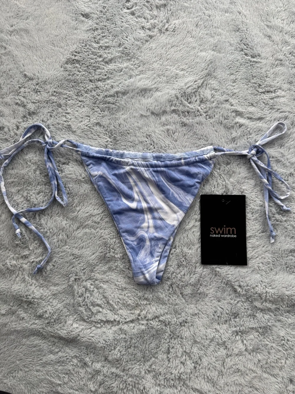 Naked Wardrobe Swim String Side Tie Bikini Bottoms Blue Marble Swirl Small